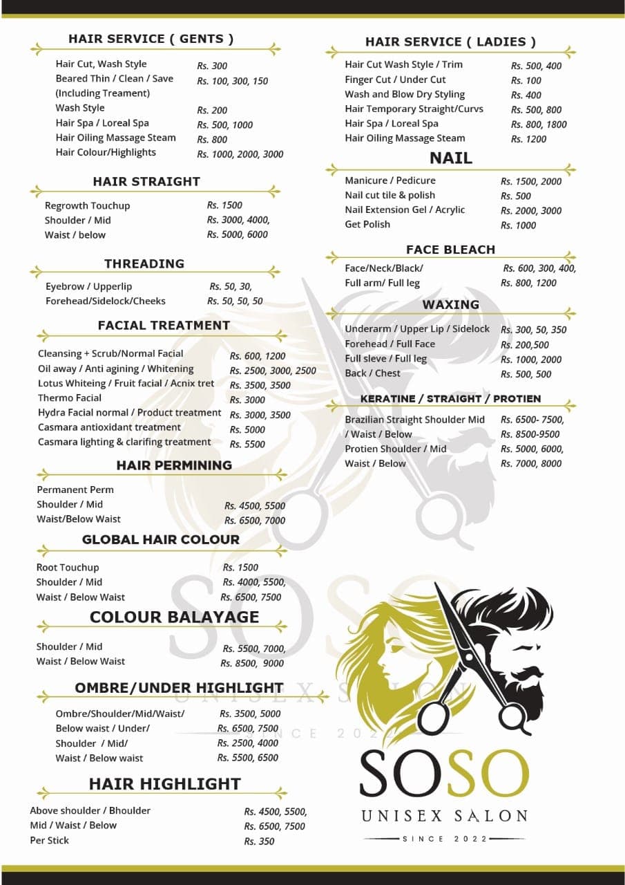 Soso Unisex Salon Price List